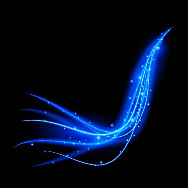 Eğri yolu ile ışık efekti ve siyah arkaplanda mavi parıltılar