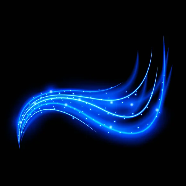 Світловий ефект зі слідами кривої та синіми блискітками на чорному тлі — стоковий вектор