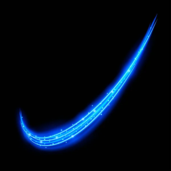 Efeito de luz com trilha curva e faíscas azuis no fundo preto —  Vetores de Stock