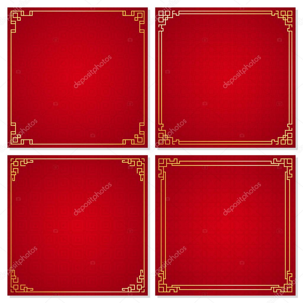 Set of oriental chinese border ornament on red background, vector illustration