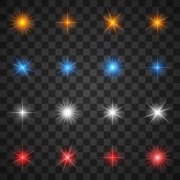Świecące efekty świetlne, rozbłysk gwiazdy na przejrzystym tle — Wektor stockowy