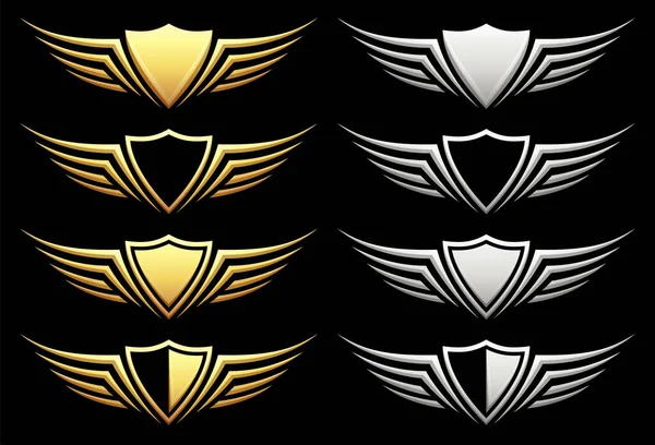 Set di scudi araldici con ali su sfondo nero, illustrazione vettoriale — Vettoriale Stock