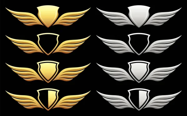 黒の背景に翼を持つ紋章の盾のセット、ベクトルイラスト — ストックベクタ
