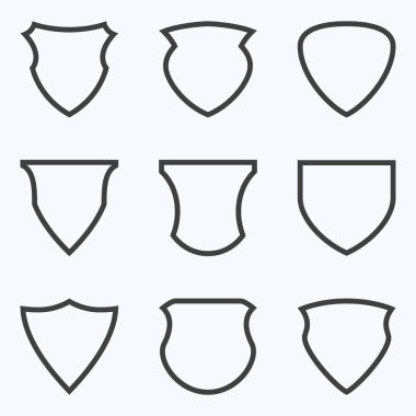 Beyaz arkaplanda kalkan simgesi kümesi, vektör illüstrasyonu