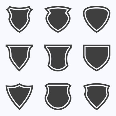 Beyaz arkaplanda kalkan simgesi kümesi, vektör illüstrasyonu