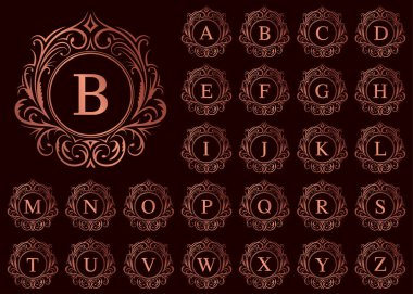 Kırmızı arka planda A 'dan Z' ye kırmızı altın renkli lüks harf, vektör illüstrasyonu