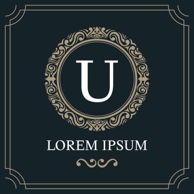 Lüks logo şablonu, mavi arkaplan üzerinde ilk harf U, vektör illüstrasyonu