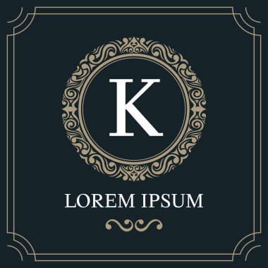 Lüks logo şablonu, mavi arkaplan üzerinde ilk harf K, vektör illüstrasyonu