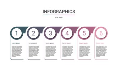 Timeline infographic template with 6 options on white background, vector illustration clipart