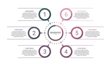 Beyaz arkaplan ve vektör illüstrasyonunda 6 seçeneğe sahip zaman çizelgesi bilgi şablonu