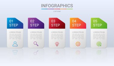 Gri arkaplan üzerinde 5 adımlı renkli zaman çizgisi bilgi şablonu, vektör illüstrasyonu