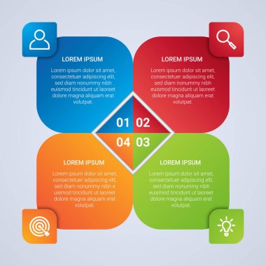 İş veri görselleştirmesi, gri arkaplan üzerinde 4 adımlı bilgi şablonu, vektör illüstrasyonu