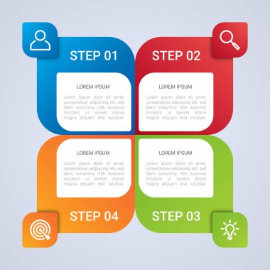 İş veri görselleştirmesi, gri arkaplan üzerinde 4 adımlı bilgi şablonu, vektör illüstrasyonu