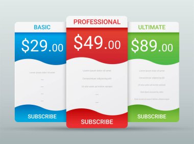 Üç ürün için fiyat karşılaştırma tablosu şablonu, vektör illüstrasyonu