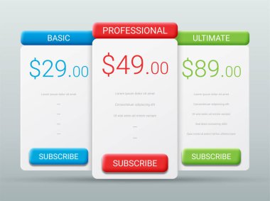 Üç ürün için fiyat karşılaştırma tablosu şablonu, vektör illüstrasyonu