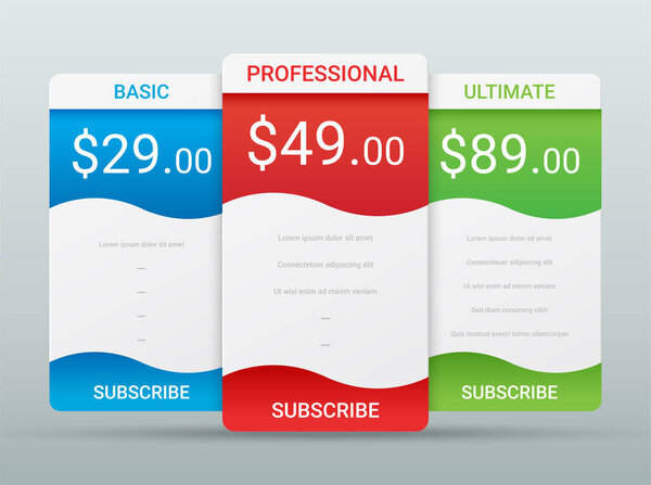 Price comparison table layout template for three products, vector illustration