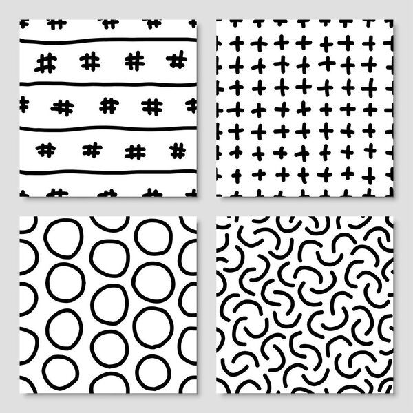Set of hand drawn ink seamless pattern, vector illustration