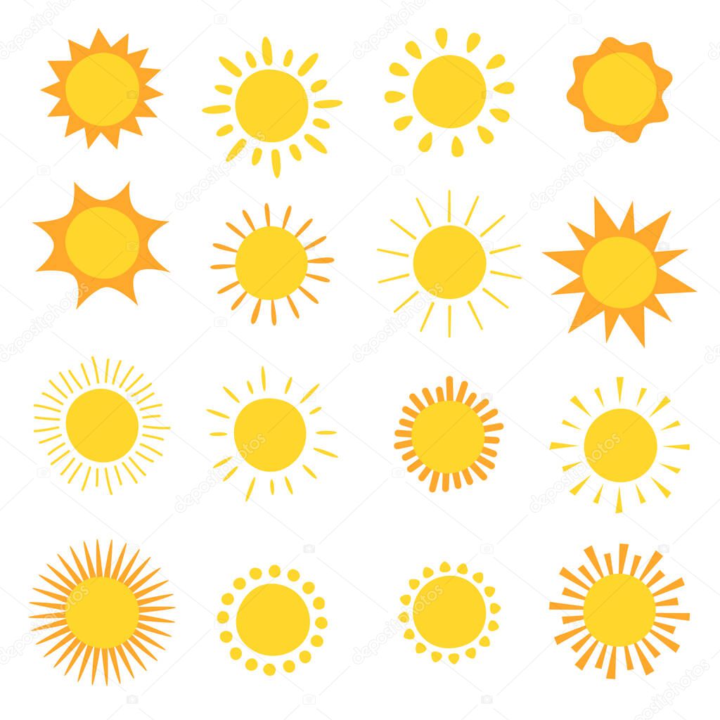 Set of hand drawn suns on white background, vector illustration