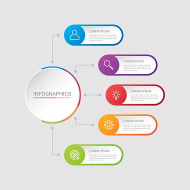 İş veri görselleştirmesi, gri arkaplan üzerinde 5 adımlı bilgi şablonu, vektör illüstrasyonu