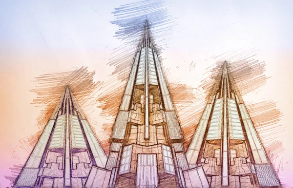 Futurisztikus Piramis Város Felhőkarcolók Színes Ceruza Vázlat Digitális Illusztráció Művészet — Stock Fotó