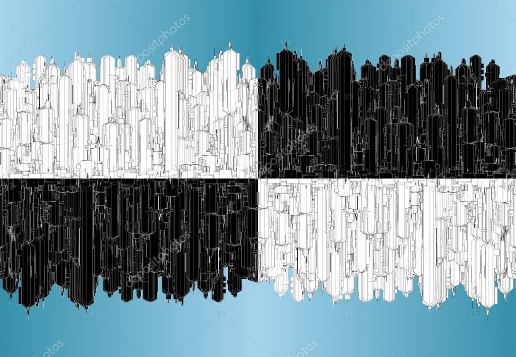 Futuristic Megalopolis City Of Skyscrapers Vector. Landscape View Isolated Illustration