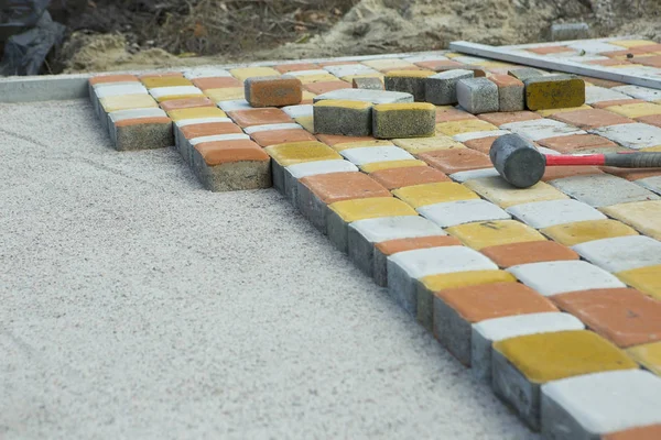 Laying Paving Slabs by mosaic close-up. Road Paving, constructio — Stock Image Laying Paving Slabs by mosaic close-up. Road Paving, constructio Royalty Free Stock Photos