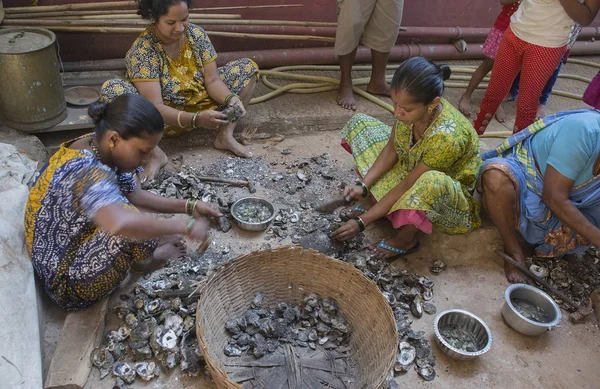 Goa, Hindistan, 2016. Hintli kadın temizlik midye — Stok fotoğraf