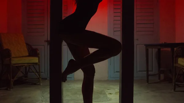 Sexy Woman Silhouette Dançando no Hotel. Dançarina Polo fêmea S — Fotografia de Stock