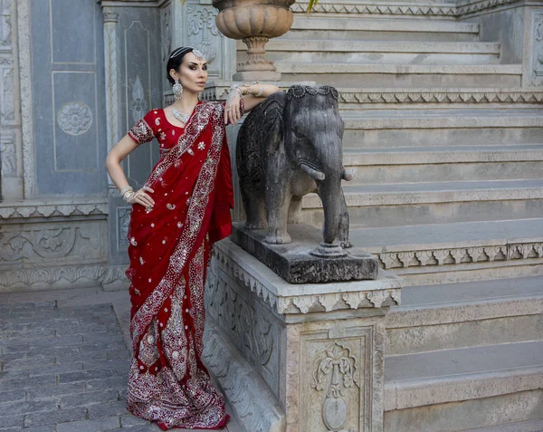 Hermosa mujer india joven en ropa tradicional con novia — Foto de Stock