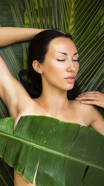 Σέξι όμορφη γυναίκα ηλιοθεραπεία μεταξύ palm φύλλα. Spa εξωτερική, — Φωτογραφία Αρχείου