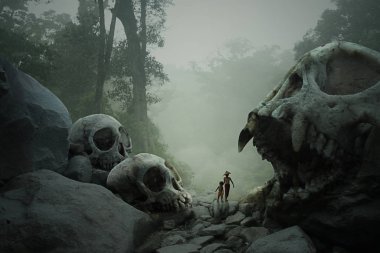 Fantazi fotoğrafı, sisli kafatası topraklarında uzun bir yolculuk.