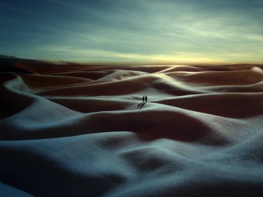 İnsanlar gün batımında çölde yürüyor.