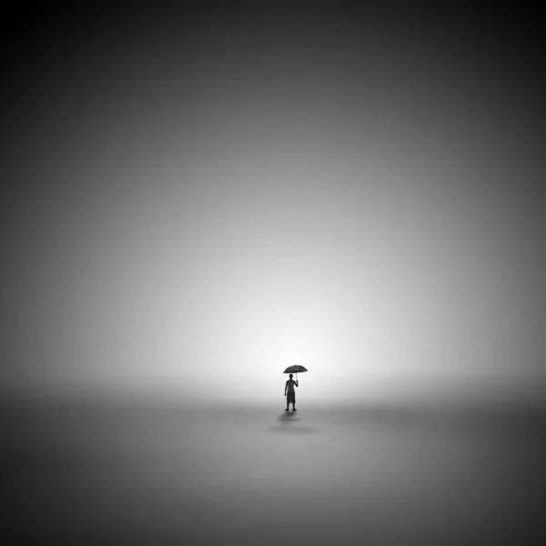 Homem Guarda Chuva Solitário Deserto Fotografia Minimalismo — Fotografia de Stock