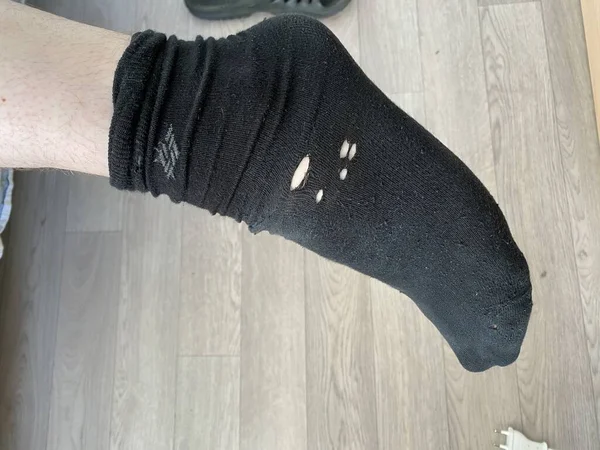 Feet Poor Debtor Black Holey Socks — Stock Photo, Image