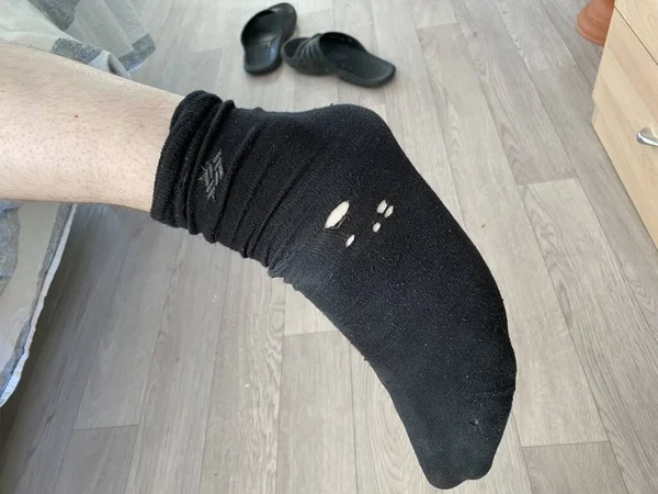 Feet Poor Debtor Black Holey Socks — Stock Photo, Image