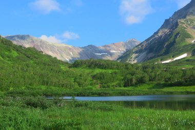 Yeşil dağları ve tepeleri olan görkemli bir manzara. Kamçatka Yarımadası. Yaz