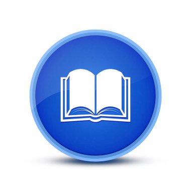 Kitap simgesi, camsı mavi yuvarlak düğmeye izole edilmiş soyut resimleme
