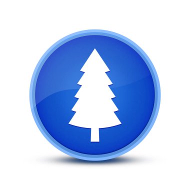 Evergreen kozalaklı çam ağacı simgesi mavi yuvarlak düğme soyut illüstrasyon üzerinde izole