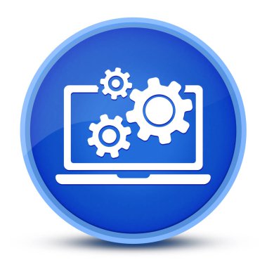 Dizüstü bilgisayar ve dişli simgesi özel mavi yuvarlak tuş soyut illüstrasyon üzerinde izole