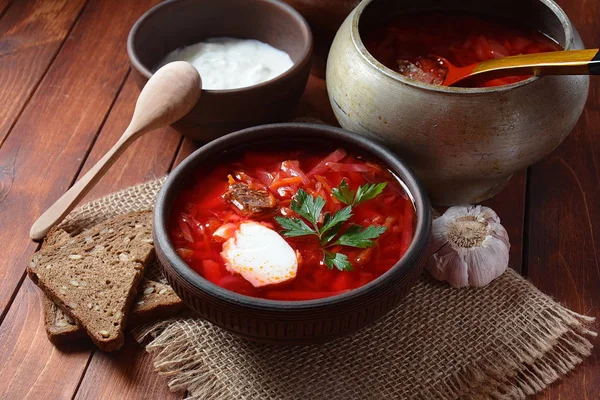 Traditional Ukrainian Russian Borscht Bowl Red Beet Root Soup Borsch — Stock Photo, Image