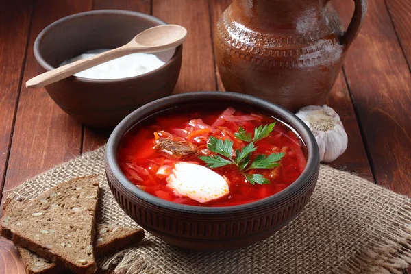 Traditional Ukrainian Russian Borscht Bowl Red Beet Root Soup Borsch — Stock Photo, Image