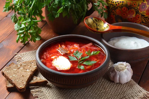 Borscht Russo Tradicional Ucraniano Tigela Borsch Sopa Raiz Beterraba Vermelha — Fotografia de Stock