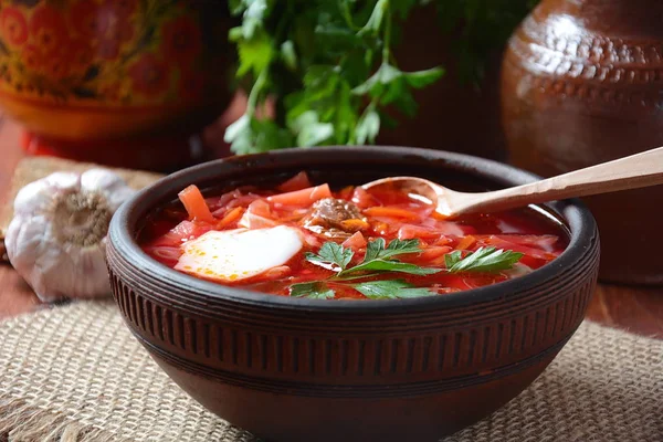 Traditional Ukrainian Russian Borscht Bowl Red Beet Root Soup Borsch — Stock Photo, Image