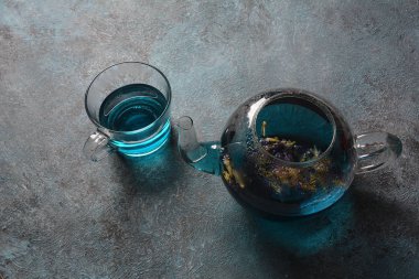 Çiçeklerden sağIıklı Mavi Kelebek Bezelye Çayı Klitorya bitkisi ya da Asya Pegion kanatları. Detoks, antioksidan, anti-stres, yaşlanma önleyici içecek Tayland, Vietnam, Bali, Malezya 'da popüler.. 