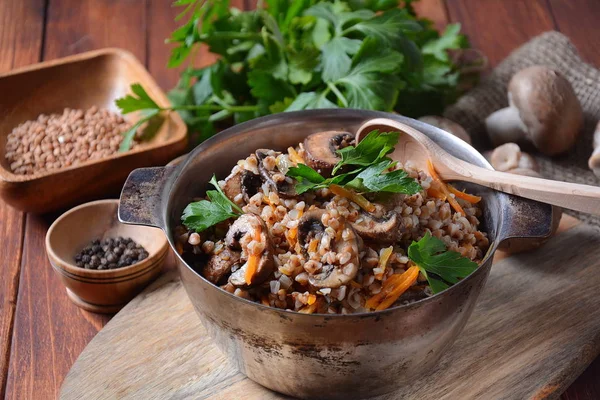 Mingau Cereal Fagópiro Com Cogumelos Uma Tigela Vegan Sem Glúten — Fotografia de Stock