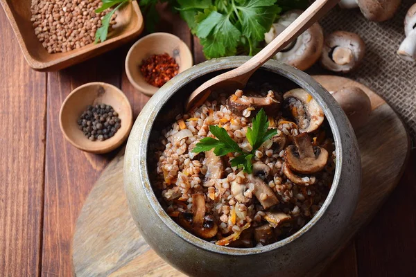 Mingau Cereal Fagópiro Com Cogumelos Uma Tigela Vegan Sem Glúten — Fotografia de Stock