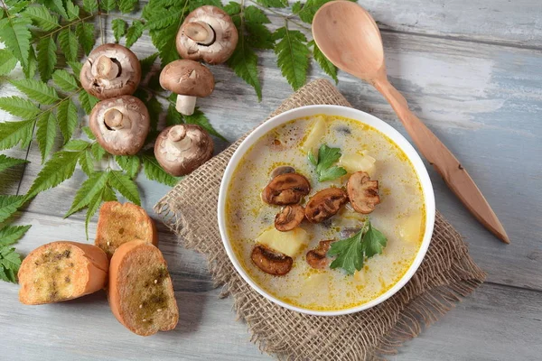 Delicious soup with mushrooms champignon and potato.Creamy Chanterelle Soup .Nordic cuisine. Vegan soup — Stock Image Delicious Soup Mushrooms Champignon Potato Creamy Chanterelle Soup Nordic Cuisine Royalty Free Stock Photos