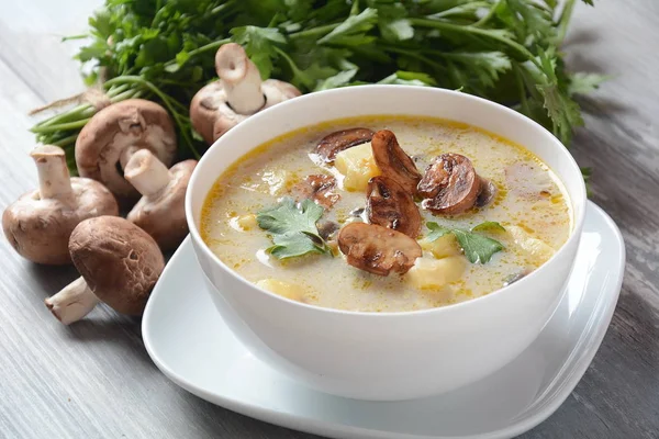 Delicious soup with mushrooms champignon and potato.Creamy Chanterelle Soup .Nordic cuisine. Vegan soup — Stock Image Delicious Soup Mushrooms Champignon Potato Creamy Chanterelle Soup Nordic Cuisine Stock Image