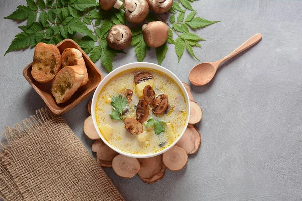 Delicious soup with mushrooms champignon and potato.Creamy Chanterelle Soup .Nordic cuisine. Vegan soup — Stock Image Delicious Soup Mushrooms Champignon Potato Creamy Chanterelle Soup Nordic Cuisine Royalty Free Stock Photos