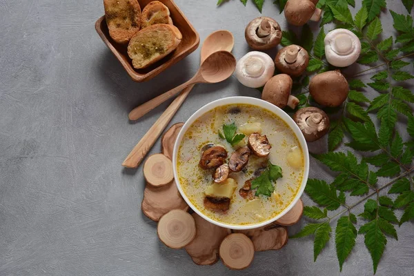 Delicious soup with mushrooms champignon and potato.Creamy Chanterelle Soup .Nordic cuisine. Vegan soup — Stock Image Delicious Soup Mushrooms Champignon Potato Creamy Chanterelle Soup Nordic Cuisine Stock Photo